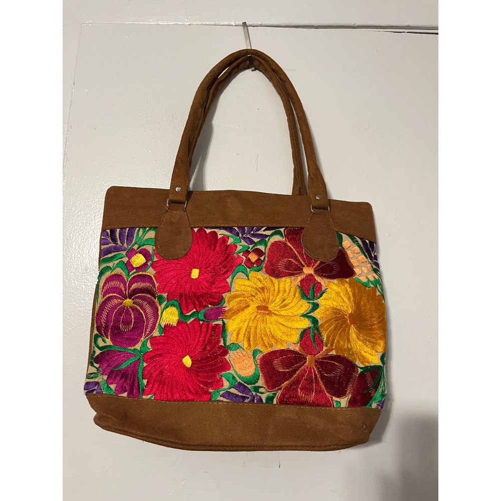 Handmade Floral Embroidered Brown Faux Suede Tote Bag Bohemian Shoulder Purse